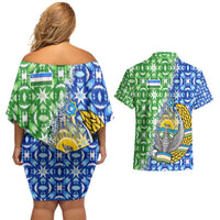 Uzbekistan Couples Matching Off Shoulder Short Dress and Hawaiian Shirt with Ikat Pattern and National Coat of Arms Design - Wonder Print Shop