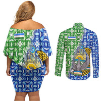 Uzbekistan Couples Matching Off Shoulder Short Dress and Long Sleeve Button Shirt with Ikat Pattern and National Coat of Arms Design - Wonder Print Shop