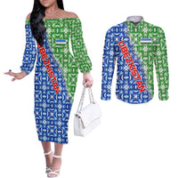 Uzbekistan Couples Matching Off The Shoulder Long Sleeve Dress and Long Sleeve Button Shirt with Ikat Pattern and National Coat of Arms Design - Wonder Print Shop