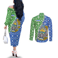 Uzbekistan Couples Matching Off The Shoulder Long Sleeve Dress and Long Sleeve Button Shirt with Ikat Pattern and National Coat of Arms Design - Wonder Print Shop