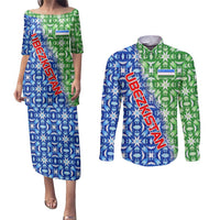 Uzbekistan Couples Matching Puletasi and Long Sleeve Button Shirt with Ikat Pattern and National Coat of Arms Design - Wonder Print Shop