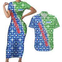 Uzbekistan Couples Matching Short Sleeve Bodycon Dress and Hawaiian Shirt with Ikat Pattern and National Coat of Arms Design - Wonder Print Shop