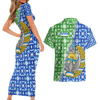 Uzbekistan Couples Matching Short Sleeve Bodycon Dress and Hawaiian Shirt with Ikat Pattern and National Coat of Arms Design - Wonder Print Shop