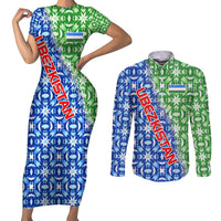 Uzbekistan Couples Matching Short Sleeve Bodycon Dress and Long Sleeve Button Shirt with Ikat Pattern and National Coat of Arms Design - Wonder Print Shop