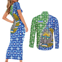 Uzbekistan Couples Matching Short Sleeve Bodycon Dress and Long Sleeve Button Shirt with Ikat Pattern and National Coat of Arms Design - Wonder Print Shop