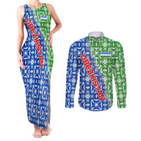 Uzbekistan Couples Matching Tank Maxi Dress and Long Sleeve Button Shirt with Ikat Pattern and National Coat of Arms Design - Wonder Print Shop