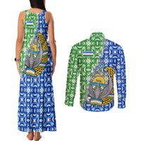 Uzbekistan Couples Matching Tank Maxi Dress and Long Sleeve Button Shirt with Ikat Pattern and National Coat of Arms Design - Wonder Print Shop