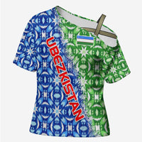 Uzbekistan Cross Shoulder Shirt with Ikat Pattern and National Coat of Arms Design - Wonder Print Shop