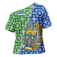 Uzbekistan Cross Shoulder Shirt with Ikat Pattern and National Coat of Arms Design - Wonder Print Shop