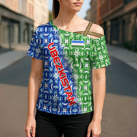 Uzbekistan Cross Shoulder Shirt with Ikat Pattern and National Coat of Arms Design - Wonder Print Shop