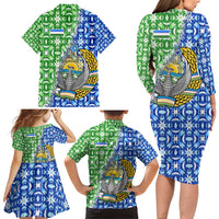 Uzbekistan Family Matching Long Sleeve Bodycon Dress and Hawaiian Shirt with Ikat Pattern and National Coat of Arms Design - Wonder Print Shop