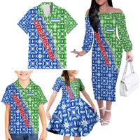 Uzbekistan Family Matching Off The Shoulder Long Sleeve Dress and Hawaiian Shirt with Ikat Pattern and National Coat of Arms Design - Wonder Print Shop