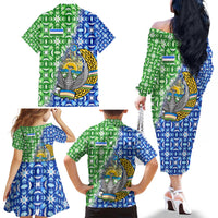 Uzbekistan Family Matching Off The Shoulder Long Sleeve Dress and Hawaiian Shirt with Ikat Pattern and National Coat of Arms Design - Wonder Print Shop