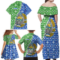 Uzbekistan Family Matching Off Shoulder Maxi Dress and Hawaiian Shirt with Ikat Pattern and National Coat of Arms Design - Wonder Print Shop
