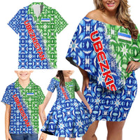 Uzbekistan Family Matching Off Shoulder Short Dress and Hawaiian Shirt with Ikat Pattern and National Coat of Arms Design - Wonder Print Shop