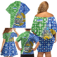 Uzbekistan Family Matching Off Shoulder Short Dress and Hawaiian Shirt with Ikat Pattern and National Coat of Arms Design - Wonder Print Shop