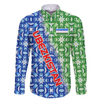 Uzbekistan Family Matching Off Shoulder Short Dress and Hawaiian Shirt with Ikat Pattern and National Coat of Arms Design - Wonder Print Shop