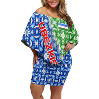Uzbekistan Family Matching Off Shoulder Short Dress and Hawaiian Shirt with Ikat Pattern and National Coat of Arms Design - Wonder Print Shop