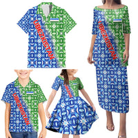 Uzbekistan Family Matching Puletasi and Hawaiian Shirt with Ikat Pattern and National Coat of Arms Design - Wonder Print Shop