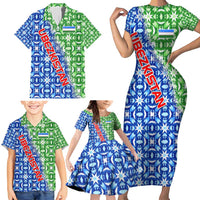 Uzbekistan Family Matching Short Sleeve Bodycon Dress and Hawaiian Shirt with Ikat Pattern and National Coat of Arms Design - Wonder Print Shop