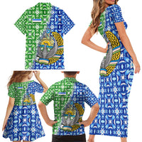 Uzbekistan Family Matching Short Sleeve Bodycon Dress and Hawaiian Shirt with Ikat Pattern and National Coat of Arms Design - Wonder Print Shop