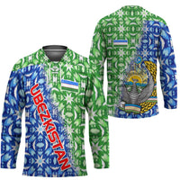 Uzbekistan Hockey Jersey with Ikat Pattern and National Coat of Arms Design - Wonder Print Shop