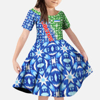 Uzbekistan Kid Short Sleeve Dress with Ikat Pattern and National Coat of Arms Design - Wonder Print Shop