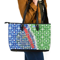 Uzbekistan Leather Tote Bag with Ikat Pattern and National Coat of Arms Design - Wonder Print Shop