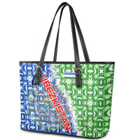 Uzbekistan Leather Tote Bag with Ikat Pattern and National Coat of Arms Design - Wonder Print Shop