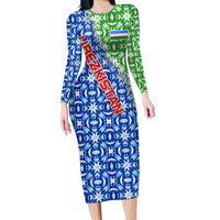 Uzbekistan Long Sleeve Bodycon Dress with Ikat Pattern and National Coat of Arms Design - Wonder Print Shop