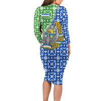 Uzbekistan Long Sleeve Bodycon Dress with Ikat Pattern and National Coat of Arms Design - Wonder Print Shop