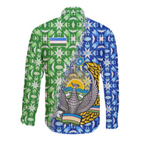 Uzbekistan Long Sleeve Button Shirt with Ikat Pattern and National Coat of Arms Design - Wonder Print Shop