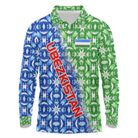 Uzbekistan Long Sleeve Polo Shirt with Ikat Pattern and National Coat of Arms Design - Wonder Print Shop