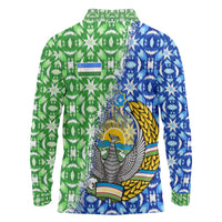 Uzbekistan Long Sleeve Polo Shirt with Ikat Pattern and National Coat of Arms Design - Wonder Print Shop