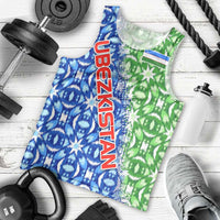 Uzbekistan Men Tank Top with Ikat Pattern and National Coat of Arms Design - Wonder Print Shop