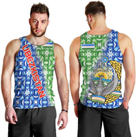 Uzbekistan Men Tank Top with Ikat Pattern and National Coat of Arms Design - Wonder Print Shop