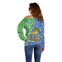 Uzbekistan Off Shoulder Sweater with Ikat Pattern and National Coat of Arms Design - Wonder Print Shop