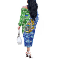 Uzbekistan Off The Shoulder Long Sleeve Dress with Ikat Pattern and National Coat of Arms Design - Wonder Print Shop