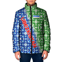 Uzbekistan Padded Jacket with Ikat Pattern and National Coat of Arms Design - Wonder Print Shop