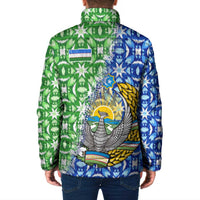 Uzbekistan Padded Jacket with Ikat Pattern and National Coat of Arms Design - Wonder Print Shop