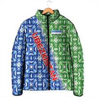 Uzbekistan Padded Jacket with Ikat Pattern and National Coat of Arms Design - Wonder Print Shop