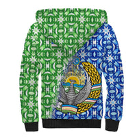 Uzbekistan Sherpa Hoodie with Ikat Pattern and National Coat of Arms Design - Wonder Print Shop