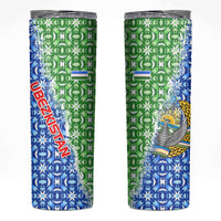 Uzbekistan Skinny Tumbler with Ikat Pattern and National Coat of Arms Design - Wonder Print Shop