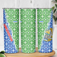 Uzbekistan Skinny Tumbler with Ikat Pattern and National Coat of Arms Design - Wonder Print Shop
