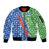 Uzbekistan Sleeve Zip Bomber Jacket with Ikat Pattern and National Coat of Arms Design - Wonder Print Shop