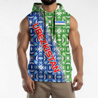 Uzbekistan Sleeveless Hoodie with Ikat Pattern and National Coat of Arms Design - Wonder Print Shop