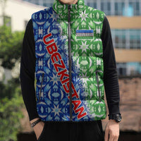 Uzbekistan Sleeveless Puffer Jacket with Ikat Pattern and National Coat of Arms Design - Wonder Print Shop
