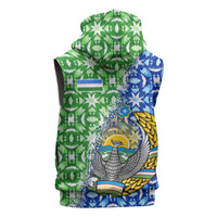 Uzbekistan Sleeveless Zip Hoodie with Ikat Pattern and National Coat of Arms Design - Wonder Print Shop