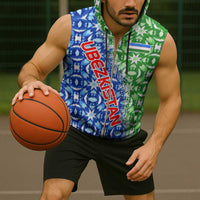 Uzbekistan Sleeveless Zip Hoodie with Ikat Pattern and National Coat of Arms Design - Wonder Print Shop