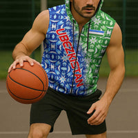 Uzbekistan Sleeveless Zip Hoodie with Ikat Pattern and National Coat of Arms Design - Wonder Print Shop